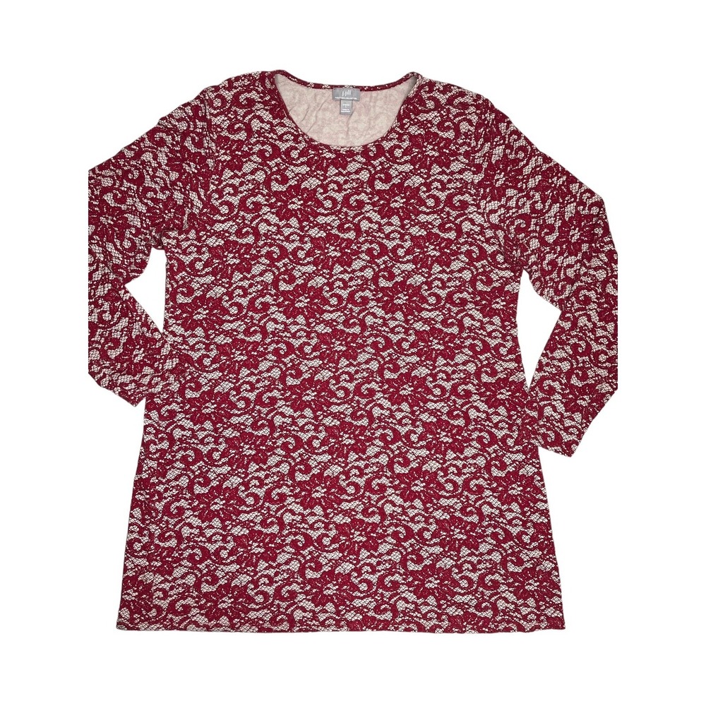 J Jill Wearever Womens Long Sleeve Mini Dress Red Floral Lace Print Comfort
